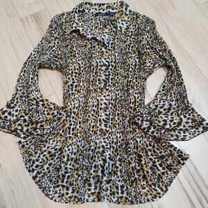 Essentials by Milano Leopard Print Pleated Peplum Button Up Blouse Y2K Glam 1X